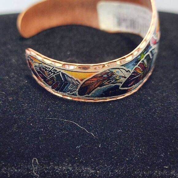 Colorful Native Inspired Copper Feather adjustable cuff bracelet - Picture 3 of 6